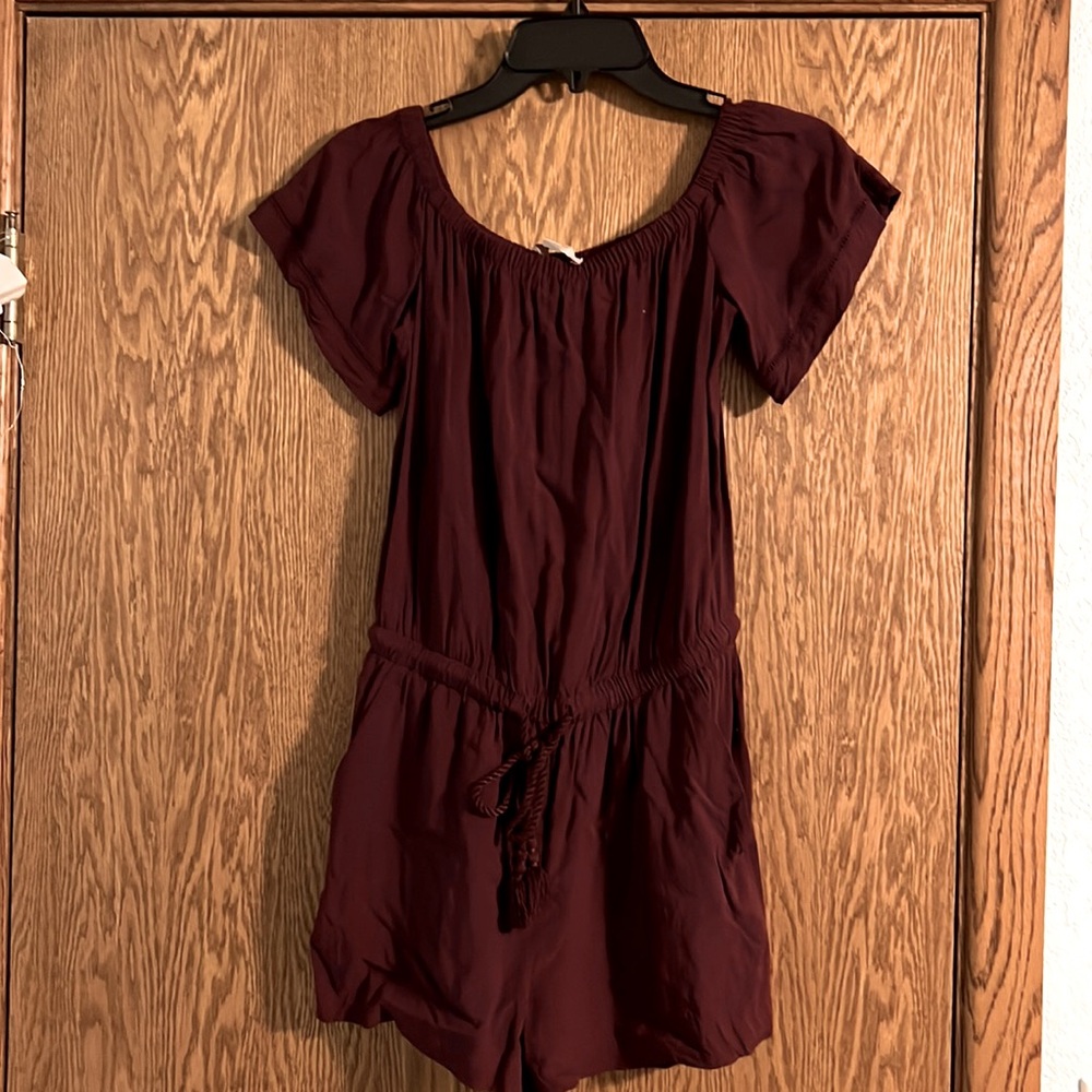Maroon off the shoulder romper with pockets